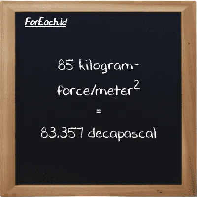 85 kilogram-force/meter<sup>2</sup> is equivalent to 83.357 decapascal (85 kgf/m<sup>2</sup> is equivalent to 83.357 daPa)
